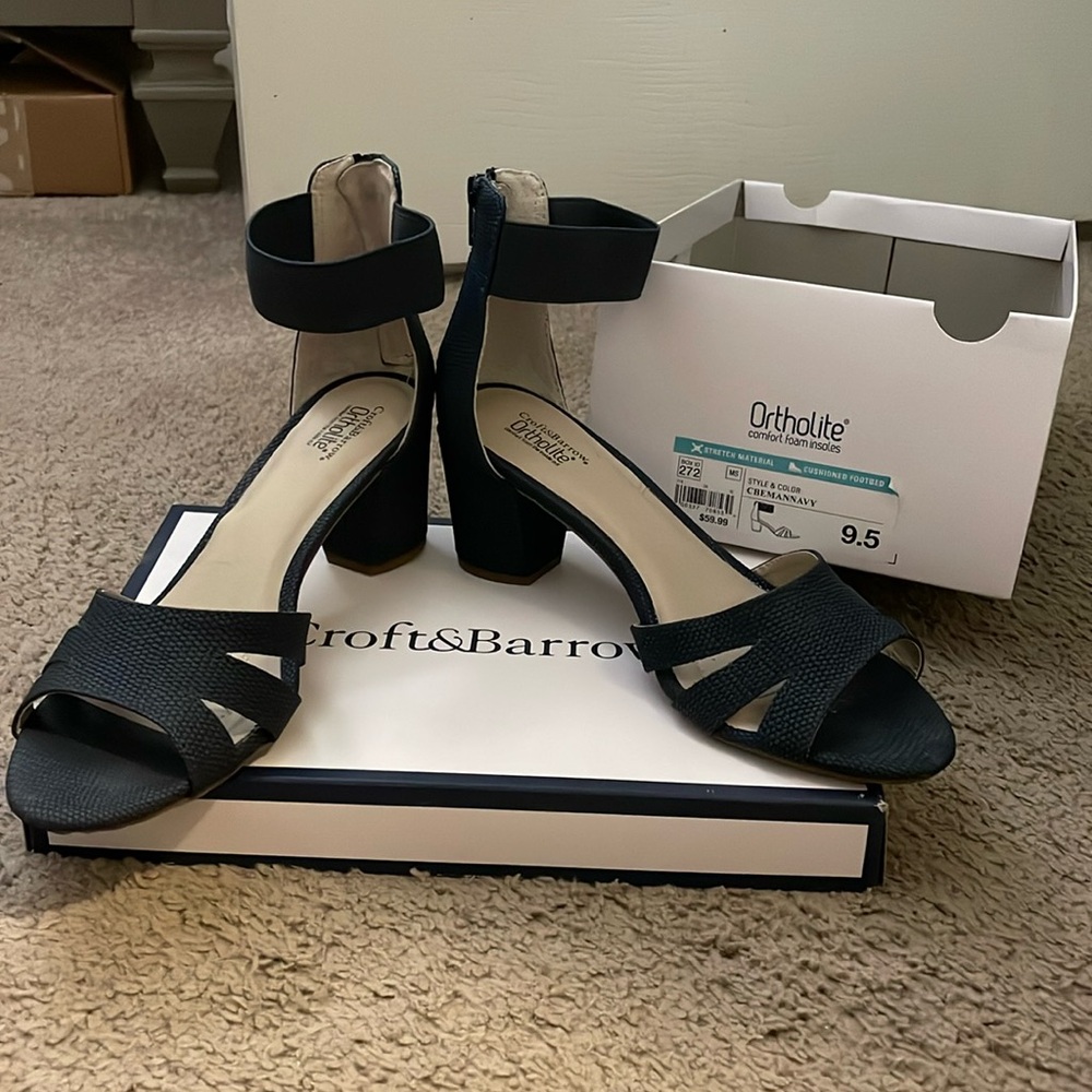 Ortholite navy blue strap chunky heel
